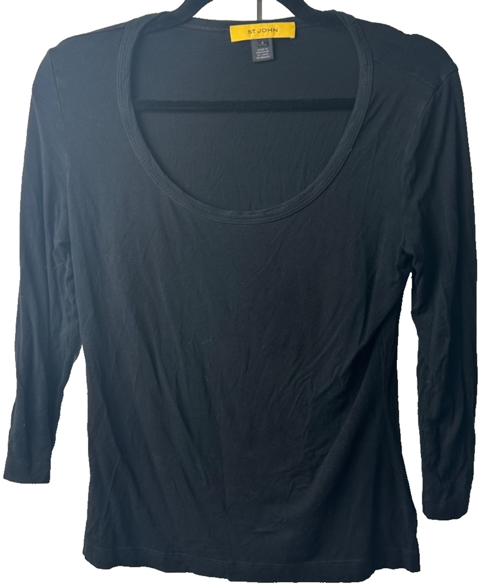 St John Designer Shirt Women's S Black 3/4 Sleeve Stretch Pullover Top A19